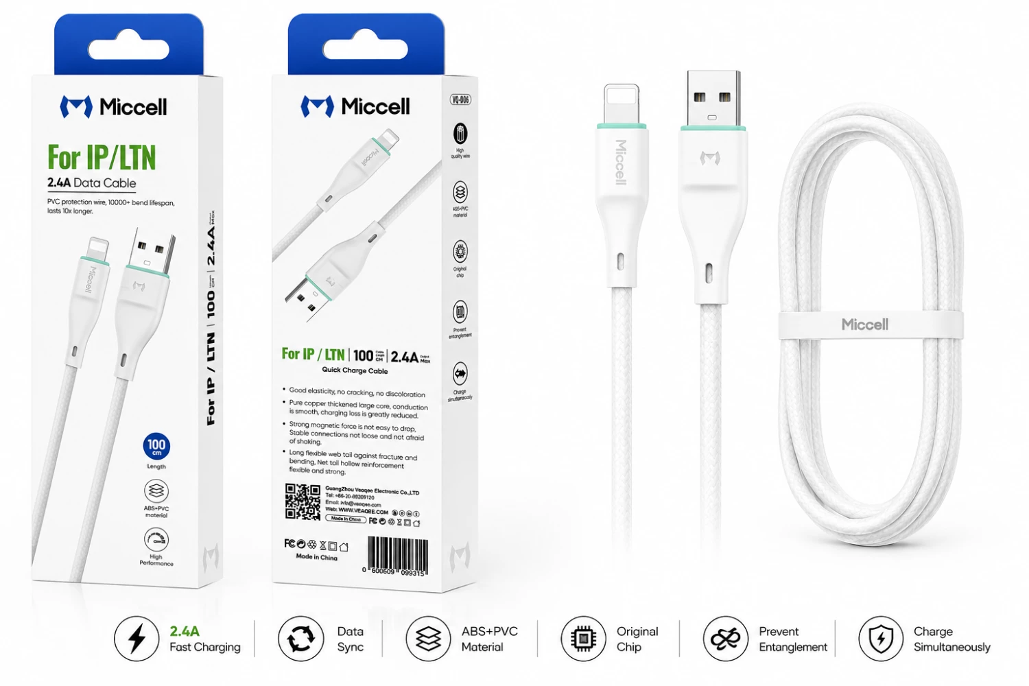 CABLE CHARGE D06 USB-IP 2.4A MICCELL BLANC